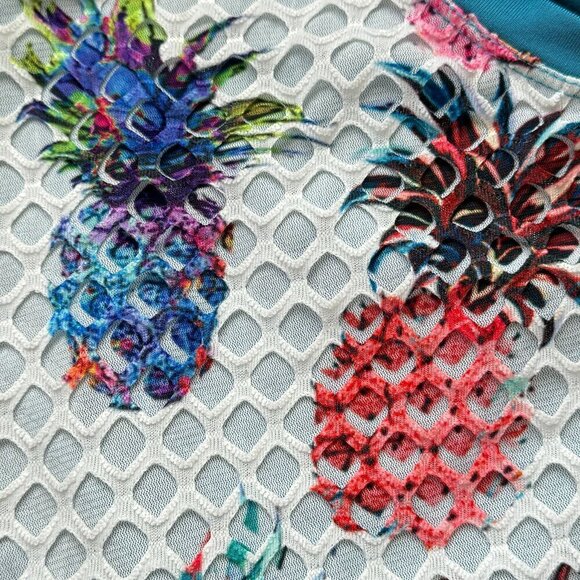 Aris A. Mesh Top Pineapple Mirage Print Scoop Neck Cap Sleeve White Teal  Small - Picture 2 of 6
